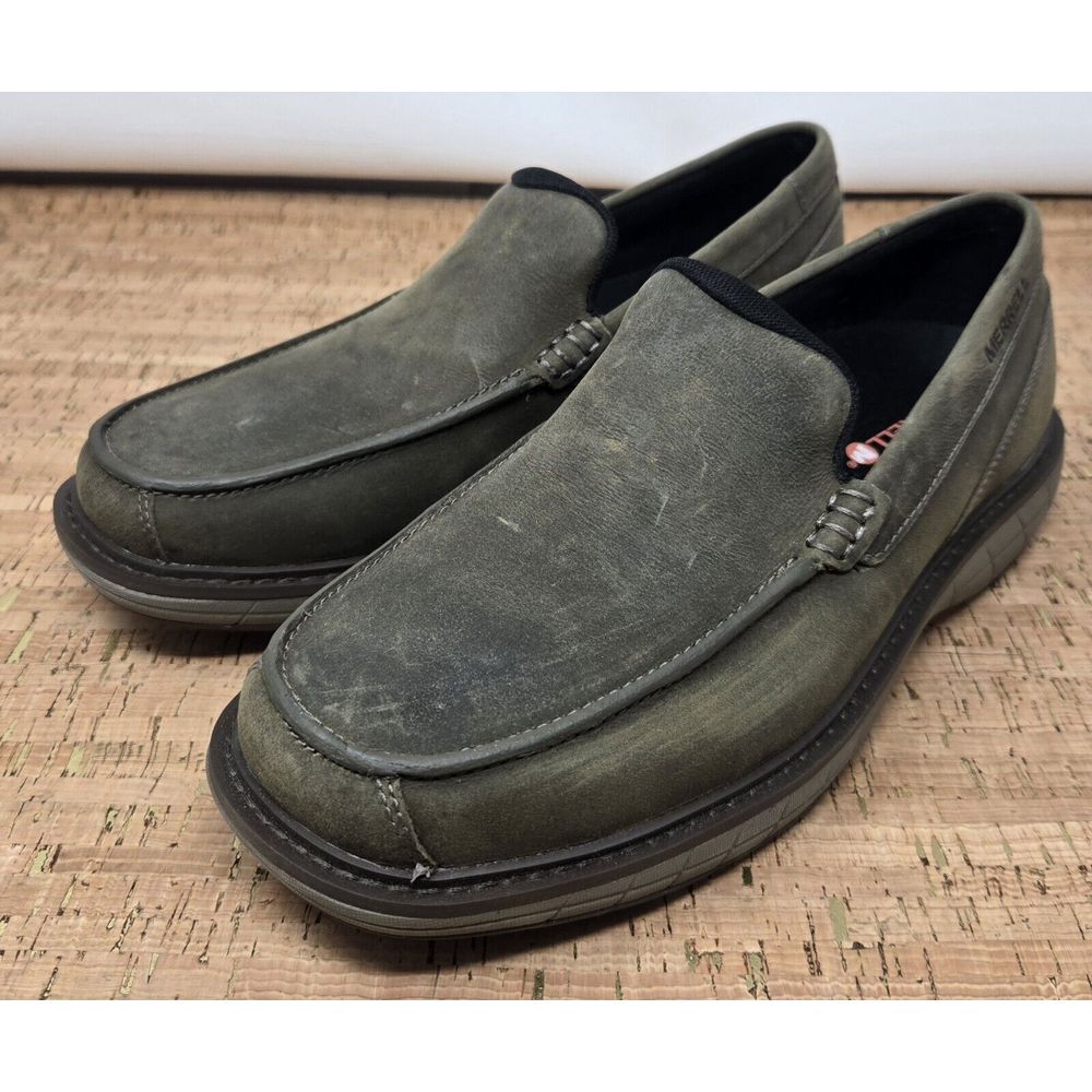 Merrell World Vue Venitian Mocs‎ Men's 7.5 Olive Green Leather Loafer Casual